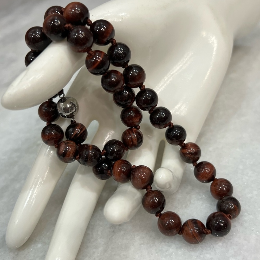 South African Red Tiger’s Eye Beaded Silver Magnetic Clasp 18” Necklace